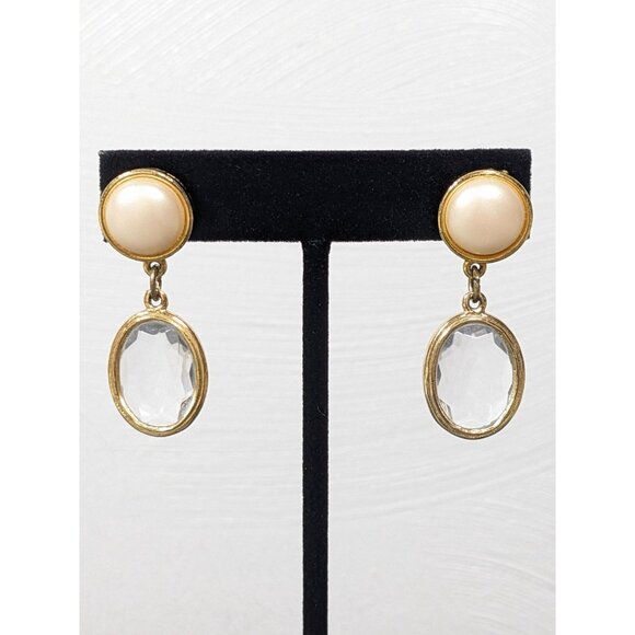 Vintage Gold Tone Faceted Oval Acrylic Bezel Faux Pearl Drop Pierced Earrings - Picture 2 of 10